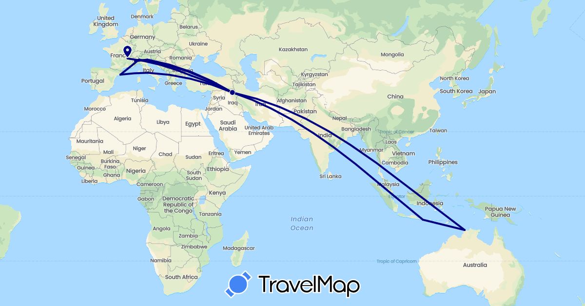 TravelMap itinerary: driving, plane in Australia, Spain, France, Indonesia, Iraq, Italy, Turkey (Asia, Europe, Oceania)